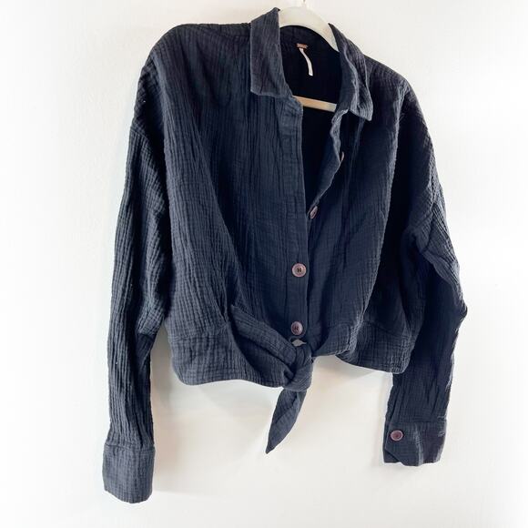 Free People Sun Streaks Long Sleeve Gauzy Cotton Button Up Shirt Black Medium - Picture 7 of 7